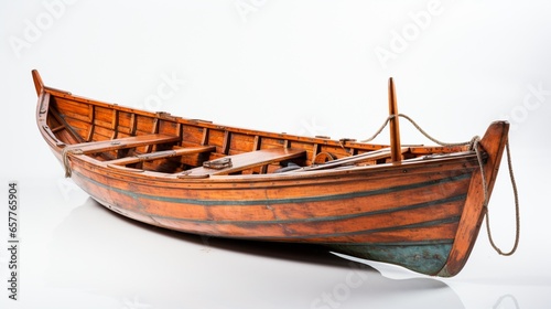 Wooden boat with paddle on white background.
