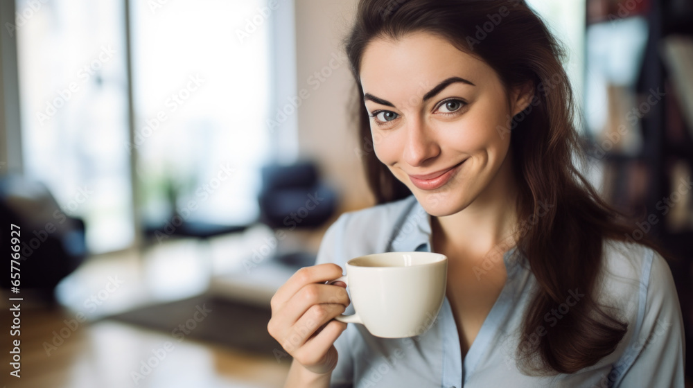 jeune femme brune cheveux long en train de boire un café dans son appartement - obrazy, fototapety, plakaty 