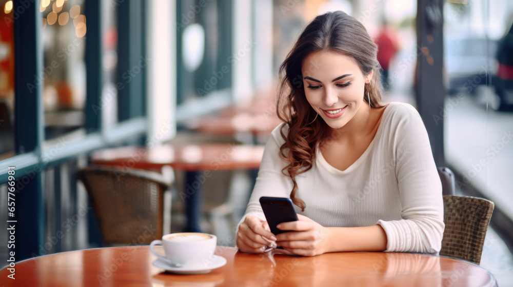 jeune femme souriante en train de consulter son smartphone à la terrasse d'un café en attendant son rendez-vous amoureux - obrazy, fototapety, plakaty 