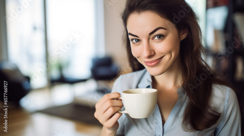 jeune femme brune cheveux long en train de boire un café dans son appartement