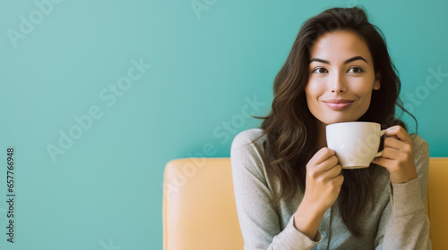 jeune femme brune cheveux long en train de boire un café, studio photo, arrière plan neutre, espace pour texte