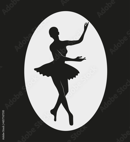 Vector illustration, silhouette of a dancing ballerina on a black background with white oval. Design for theatrical poster, invitation ticket.