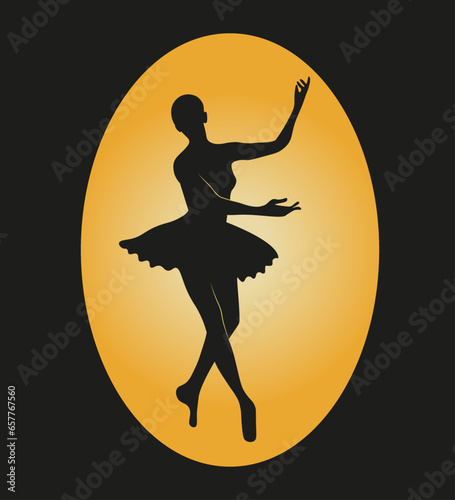 Vector illustration, silhouette of a dancing ballerina on a black background with golden oval. Design for theatrical poster, invitation ticket.