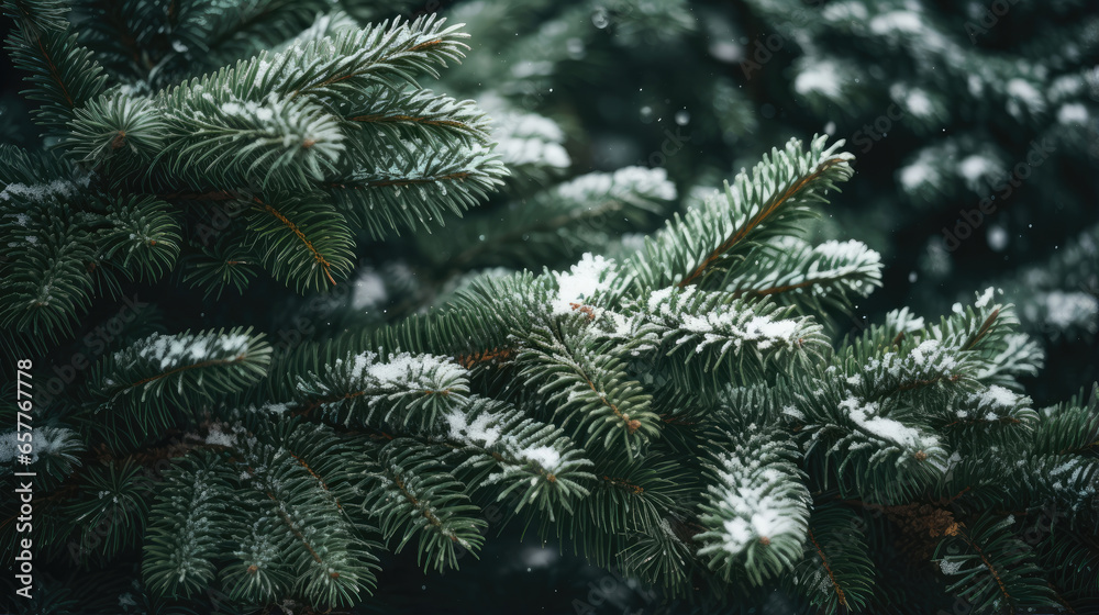 Background of evergreen trees in the forest in winter