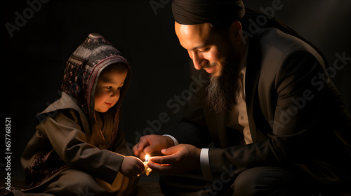 Muslim father and son pray 