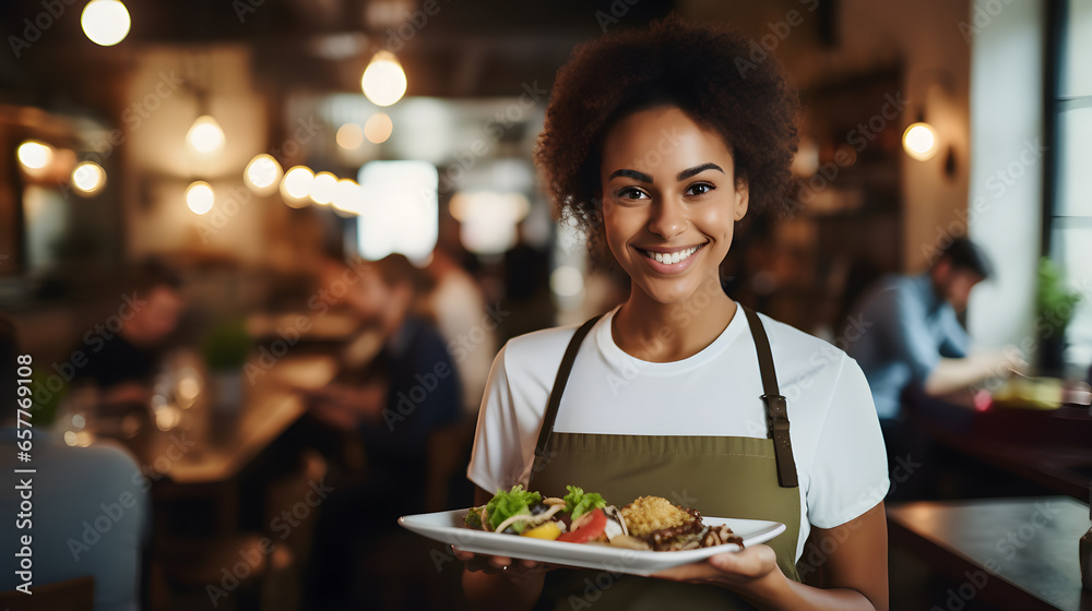 Portrait of waitress serving food to customers in restaurant Portrait of waitress serving food to customers in restaurant