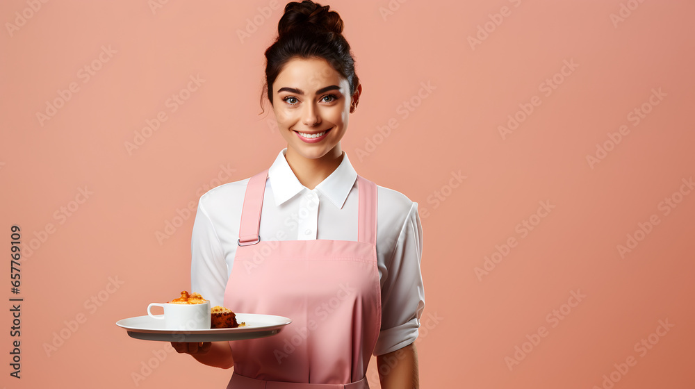 Portrait of waitress holding food tray isolated on pink background Portrait of waitress holding food tray isolated on pink background