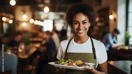 Portrait of waitress serving food to customers in restaurant