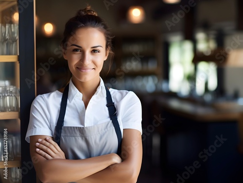 Portrait of smiling waitress standing in cafe