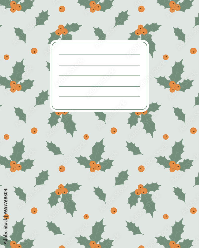 Fototapeta premium Cover design for notebooks, planners with the image of mistletoe leaves and berries.