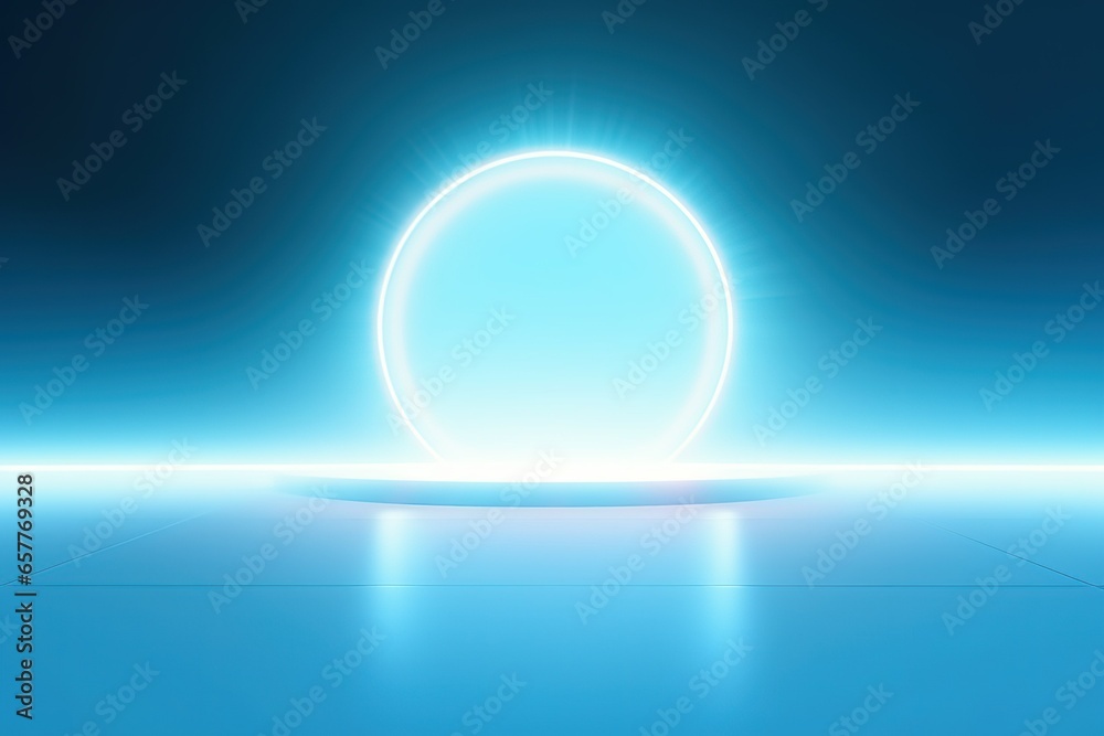 Contemporary and streamlined abstract backdrop tailored for product presentations, featuring a soothing light blue tone and an eye-catching circular neon glow for added allure