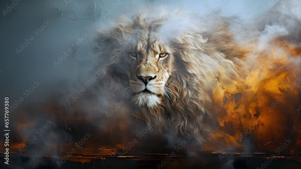 A portrait of a lion in an unnatural environment against an interesting background. Modern animal background, wallpaper or greeting card and copy space. AI generated.