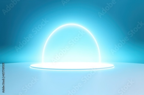 Elegant and calming abstract composition  crafted for product display  highlighting the gentle light blue backdrop and a mesmerizing circular neon glow
