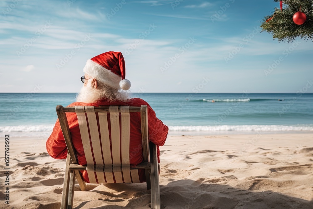 Fototapeta premium A Santa Claus sitting in a hammock sunbathing on a beach. Concept: Merry Christmas. A warm Christmas due to climate change.
