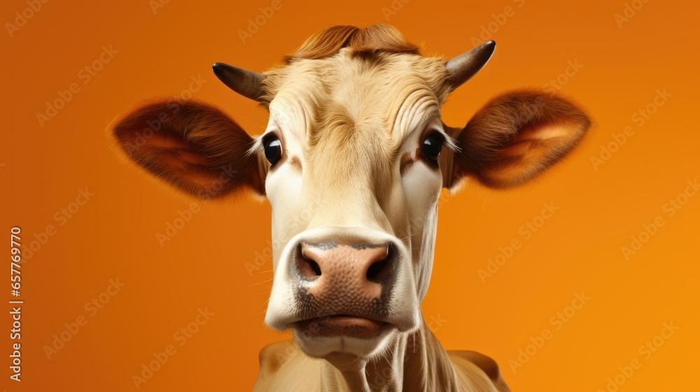 Red cow head with cute eyes and pink nose on orange background. Red cow head with cute eyes and pink nose on orange background.