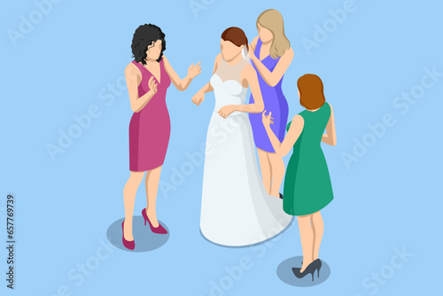 Isometric Bride with bridesmaids on the wedding day. The wedding ceremony