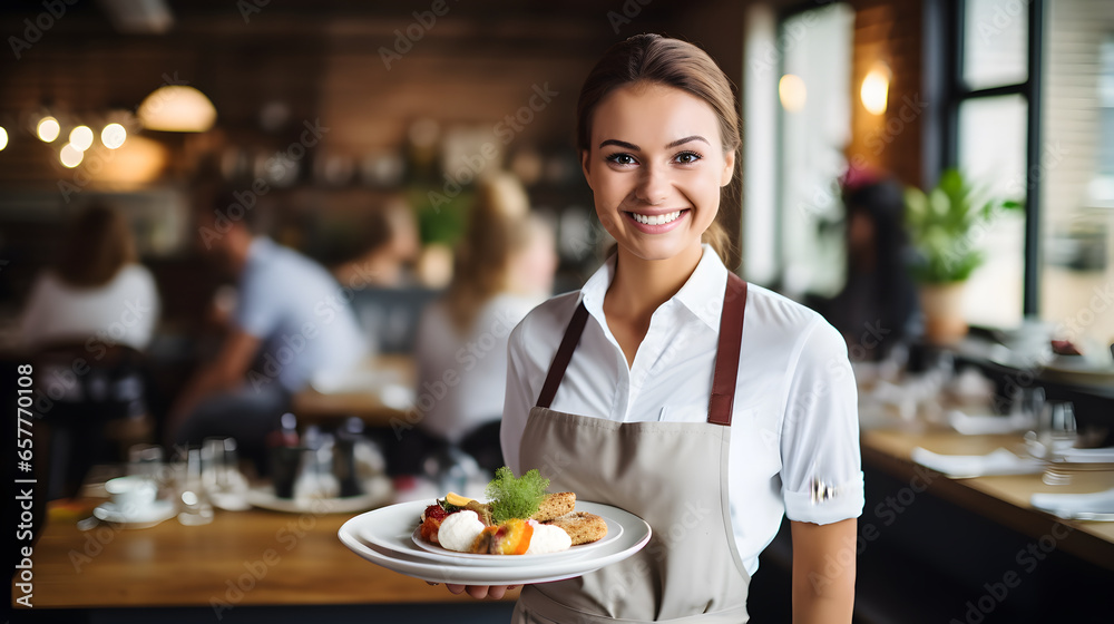 Portrait of a waitress serving food to customers in restaurant - obrazy, fototapety, plakaty 