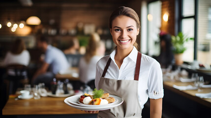 Portrait of a waitress serving food to customers in restaurant