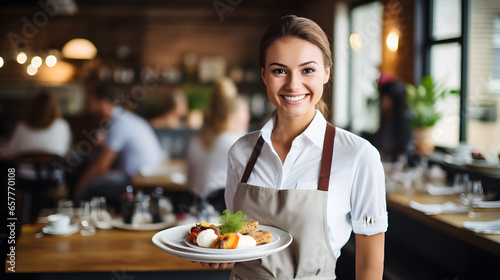 Portrait of a waitress serving food to customers in restaurant photo