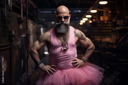 A bald and muscular man wearing pink sunglasses and a pink ballet tutu. Concept: LGBTI. A world without prejudice.