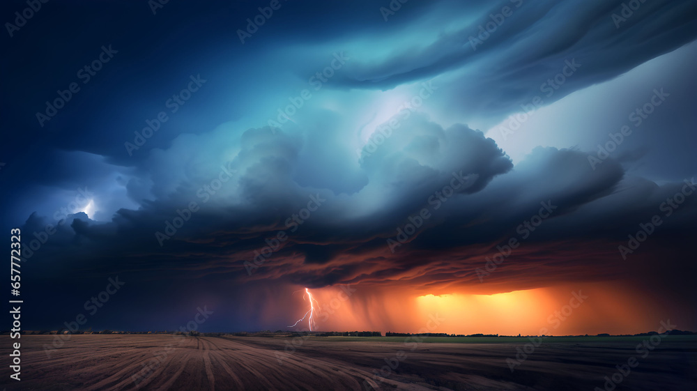 Obraz premium Big storm in the sky, sky background with cumulonimbus clouds, lightning and rain, bad weather, hurricane, sky with grey clouds, dark clouds