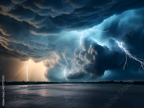 Wallpaper Mural Storm in the sky over the sea, lightning,  sky background with cumulonimbus clouds, lightning and rain, bad weather, hurricane, sky with grey clouds, dark clouds Torontodigital.ca