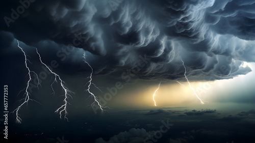 Big storm in the sky, sky background with cumulonimbus clouds, lightning and rain, bad weather, hurricane, sky with grey clouds, dark clouds photo
