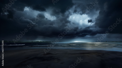 Storm in the sky over the sea, sky background with cumulonimbus clouds, lightning and rain, bad weather, hurricane, sky with grey clouds, dark clouds