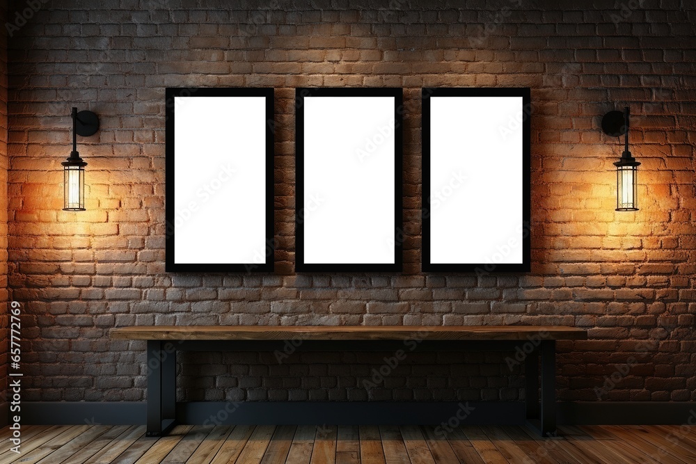 Three black frames on red brick wall with dramatic lighting, AI-generative Three black frames on red brick wall with dramatic lighting, AI-generative