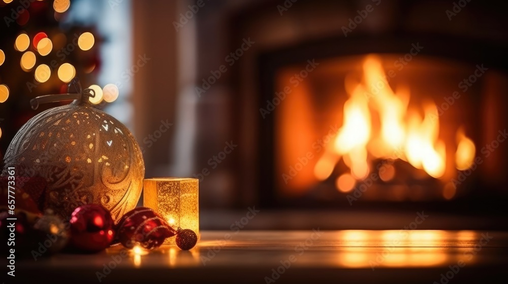 Christmas decorated fireplace. Interior living room with Christmas tree and gifts, armchair with blanket and gifts. Warm cozy Xmas concept.. Christmas decorated fireplace. Interior living room with Christmas tree and gifts, armchair with blanket and gifts. Warm cozy Xmas concept..