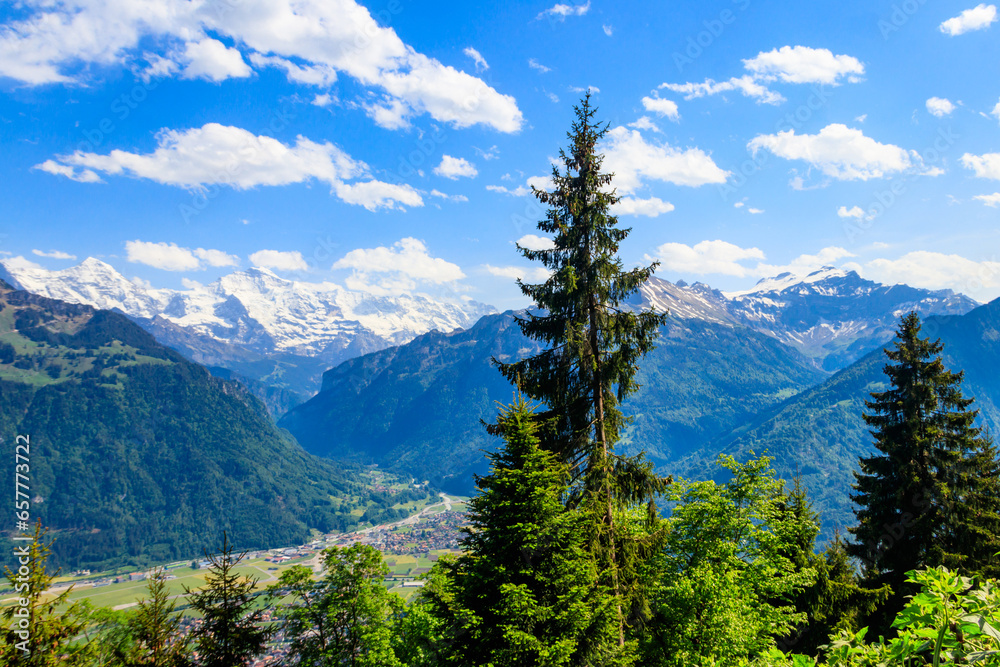 Breathtaking aerial view of Interlaken and Swiss Alps from Harder Kulm viewpoint, Switzerland