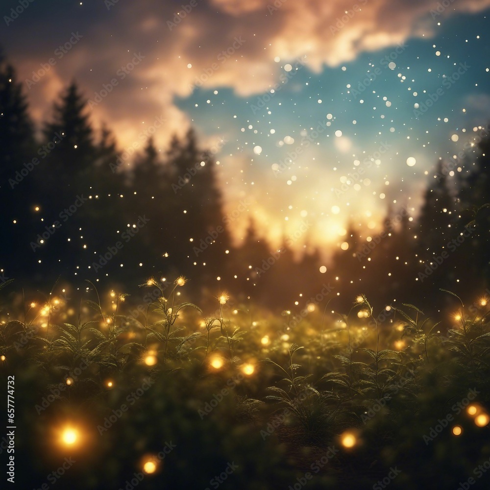 Fototapeta premium Glowing Night Symphony: Enchanting Fireflies Dance Across the Vast Meadow of Verdant Grass