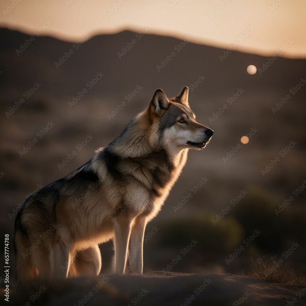 Solitary Predator Silhouetted by Fiery Desert Sunset: Lone Wolf Stands Tall Amidst Sandy Dunes Solitary Predator Silhouetted by Fiery Desert Sunset: Lone Wolf Stands Tall Amidst Sandy Dunes