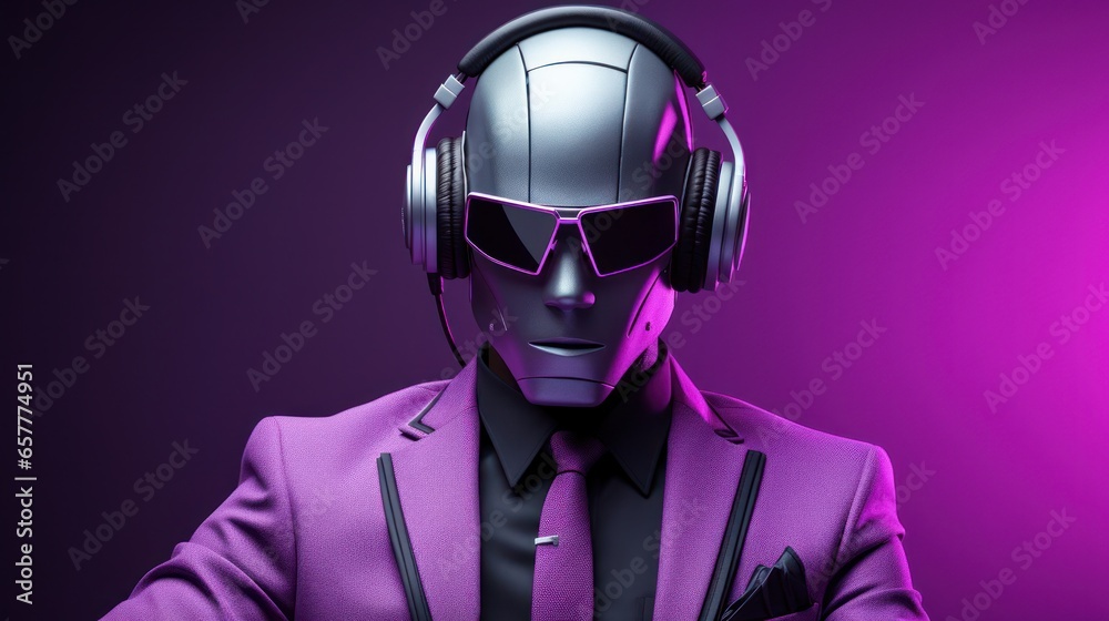 Portrait of stylish perfect robot in purple modern and casual suit. Cyborg wearing headphones. Portrait of stylish perfect robot in purple modern and casual suit. Cyborg wearing headphones.