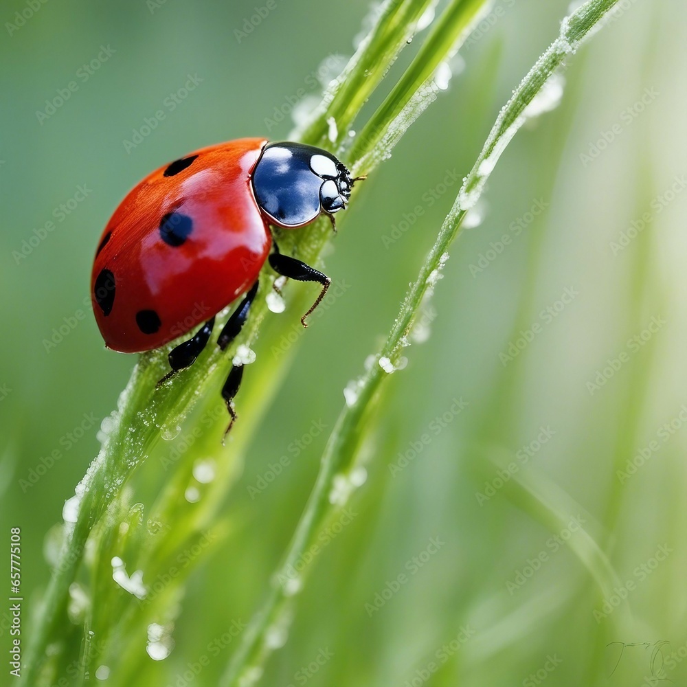 Fototapeta premium A small ladybird perched delicately on a slender blade of green grass