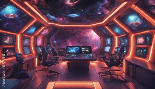 A gaming room in a spaceship  featuring futuristic control panels  holographic displays  and neon accents against a cosmic backdrop. 