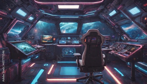 A gaming room in a spaceship, featuring futuristic control panels, holographic displays, and neon accents against a cosmic backdrop. 