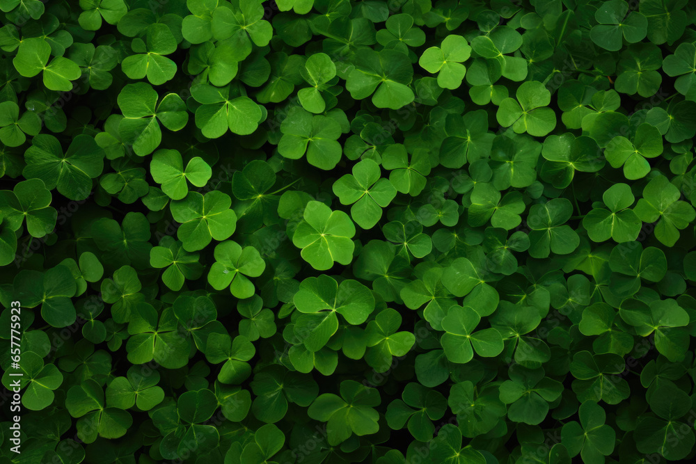Green Clover Field Texture For Background Created Using Artificial Intelligence - obrazy, fototapety, plakaty 