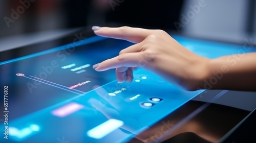 A close-up of a person's hand swiping on a touch screen, modern and interactive