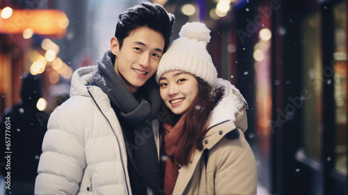 雪降る冬の街角で笑顔のアジアのカップル Smiling Asian Couple in snowing city