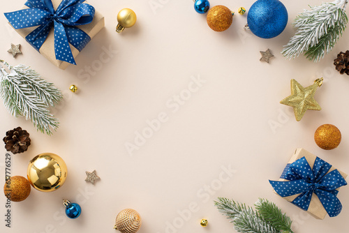 Whimsical Yuletide scene: top view artfully wrapped gift boxes, sparkling tree ornaments, cones, frost-kissed fir branches set against pastel backdrop. Canvas for your holiday wishes or promo message photo