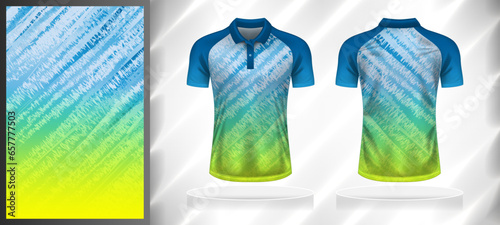 Vector sport pattern design template for Polo T-shirt front and back with short sleeve view mockup. Shades of blue-white-green-yellow color gradient abstract grunge texture background illustration.