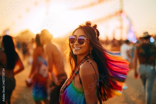 Smiling Asian woman having fun at a music festival.