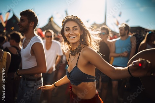 Smiling Caucasian woman having fun at a music festival.