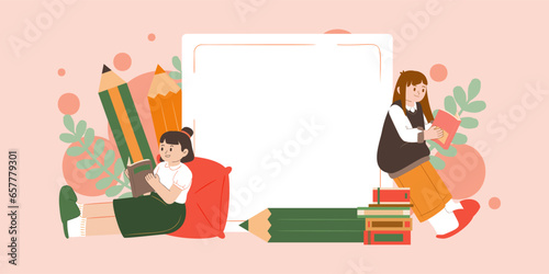 Group of female teenager reading book with mockup banner