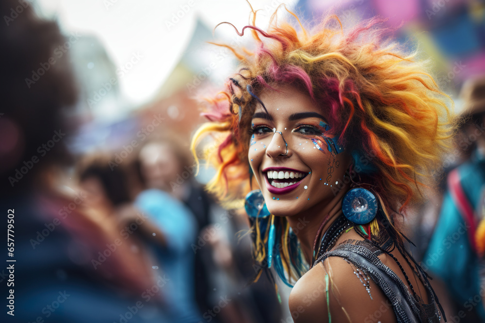 Smiling Caucasian woman having fun at a music festival.