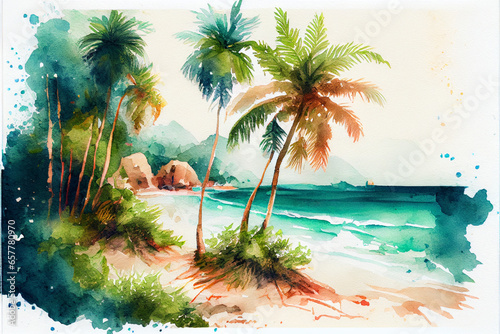 Watercolor illustration  seashore  sandy beach and palm trees.