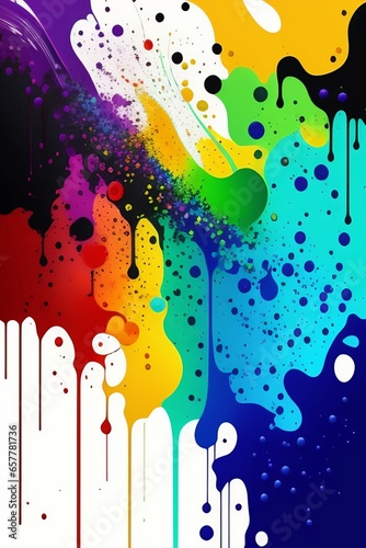 Vibrant and dramatic swirl of colorful ink splats with color running down the page. Blending of rainbow colors. Digital art.	
