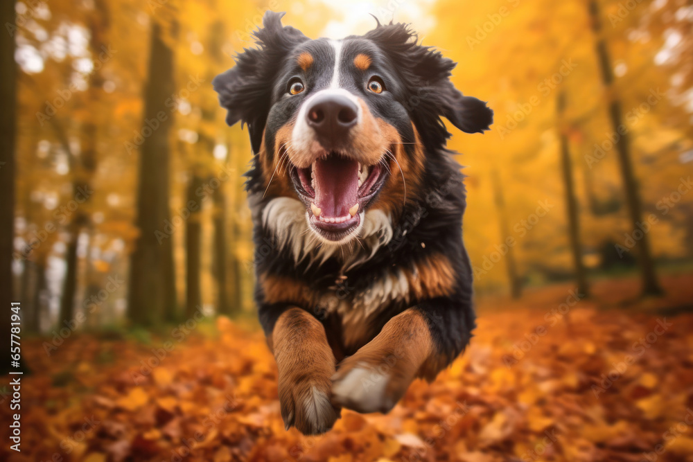 Fototapeta premium A dog joyfully leaps through an autumnal forest with colorful leaves.