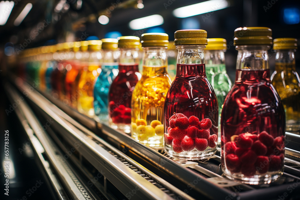 Juice bottles with fruit on a conveyor belt, beverage factory operates a production line, processing and bottling drink - obrazy, fototapety, plakaty 